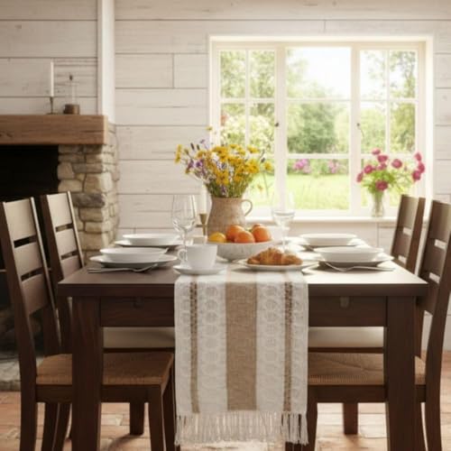 Image of HomeCloud Croshia Woven Table placemat - Heat Resistant, Washable Table Decoration for Dining, Office, Kitchen, Hotel, and Home (Runner White Baige, Set of 1)