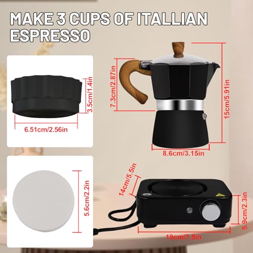 Image of 4-in-1 Moka Pot Espresso Set with Electric Stove 3 Cup Aluminum Stovetop Coffee Maker Percolator Italian Classic Mocha Coffee Machine with Powder Dispenser Filter Paper Portable Camping Black