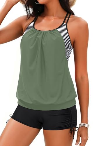 Image of Holipick Tankini Swimsuits Two Piece Tummy Control Bathing Suits Blouson Swim Tank Top with Boy Shorts