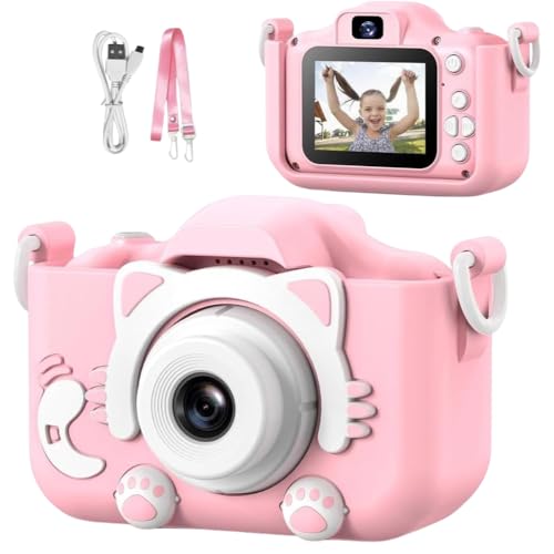 Câmera Digital Infantil Gatinho Recarregável | Bateria recarregável USB | Gravação de Fotos e Vídeos HD | Design Seguro e Resistente | Antichoque | Presente Educativo e Divertido - Rosa