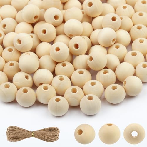 Holzperlen 100 Stück Natur Holzkugeln mit Loch Runde Holzperlen zum Auffädeln mit Jute Schnur für DIY Basteln Makramee Schmuck Herstellung (12 mm)