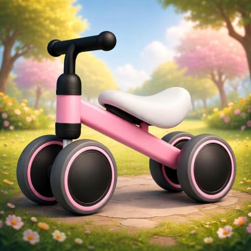 Image of Kids Baby Balance Bike for 1-2 Years Old Boys and Girls, Toddler Best First Birthday Gift | Toddler First Bike with 4-Wheel Stability | No Pedal Ride-On Toy for Indoor & Outdoor Game (Pink)