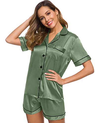 Image of SWOMOG Womens Silk Satin Pajamas Set Short Sleeve Sleepwear Button Down Top and Shorts Loungewear 2 Piece Pjs Set XS-3XL Matcha XXX-Large