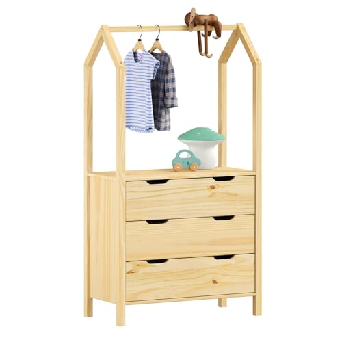 IDIMEX Commode Amira Meuble de rangment pour Enfant en Forme de Maison, avec 3 tiroirs et 1 Tringle, en pin Massif Naturel