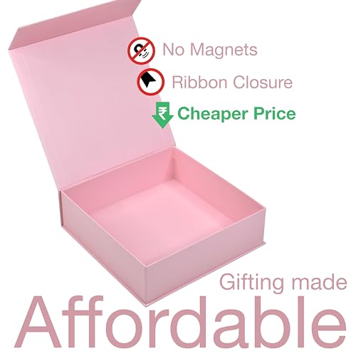 Image of RBS - Medium Cardboard Boxes for Packaging, 2.5m Ribbon (1 Pack) Hamper Boxes for Gift Empty (26 x 26 x 8cm) Gift Box Empty Gift Hamper Box Reusable Valentine Gift Boxes for Presents (Pink)