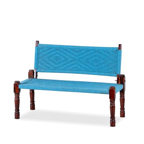 Image of Srima Wooden Bench for Living Room | Handcrafted Sheesham Wood Backrest Bench for Balcony & Garden | Traditional Rajasthani Patio for Outdoor with Cotton Handwoven Rope | Blue