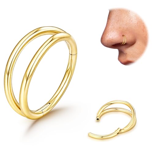 Titanium Double Hoop Nose Ring 20G 18G Gold Silver Balck Nose Rings Hoops for Women Men Hypoallergenic 6mm 7mm 8mm 9mm Nose Nostril Septum Cartilage Helix Daith Conch Rock Piercing Jewelry (Gold-18g 7mm)