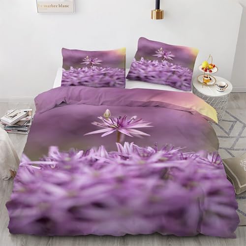 Funda Nórdica Cama 105 cm Microfibra Juego de Ropa de Cama 3 Piezas Funda de edredón 180x220 cm con Funda de Almohada 50x75 cm Flores Moradas