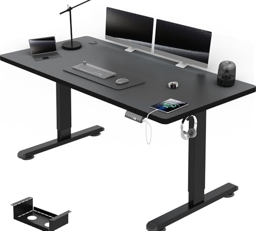 Airfish Höhenverstellbarer Schreibtisch 140x70 cm, Elektrisch Schreibtisch mit Kabelwanne, Computertisch mit USB-Buchse, Bürotisch, Stehpult mit Erinnerung an sitzende Tätigkeiten, Schwarz