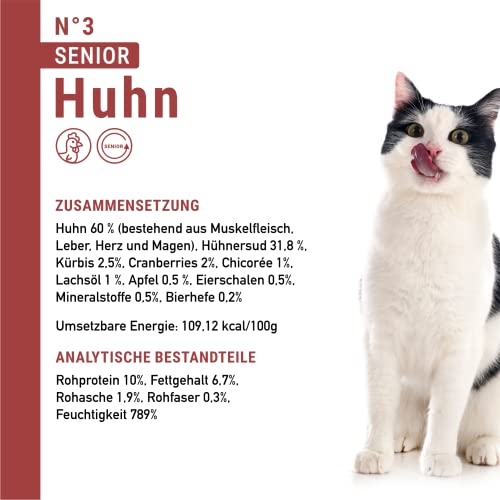catz finefood Senior N°03 Huhn Katzenfutter nass - Premium Nassfutter für Ihre Senior Katze - getreidefrei, ohne Zucker, hoher Fleischanteil, Vitamine & Mineralien (16 x 85g Beutel)