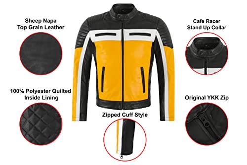 Cafe Racer Mens Biker Leather Jacket Black Yellow Retro Style Motocross Jacket 42883