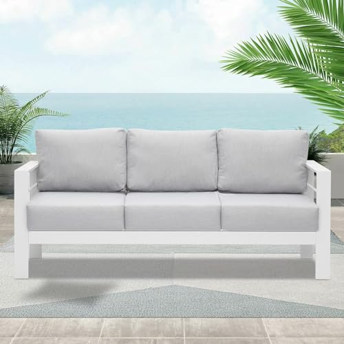 Wisteria Lane Patio Furniture Aluminum Sofa, All-Weather Outdoor 3 Seats Couch, White Metal Chair with Light Grey Cushions