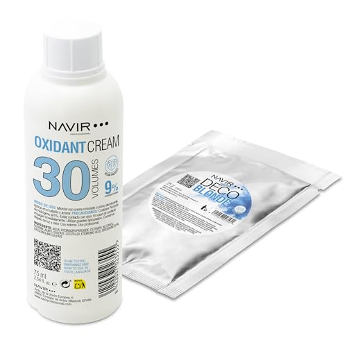NAVIR Profesional | Pack decoloración cabello | Decoblonde polvo decolorante azul hasta 7 tonos con Keratina + Agua oxigenada en crema | Pelo mujer y hombre (Polvo 25g + Agua 75ml 30 Vol)