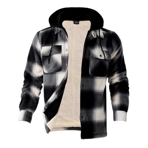 Image of TanBridge Men's Cotton Plaid Shirts Jacket Full Zip Fleece Flannel Sherpa Lined Hoodies Heavyweight Hoodies Jacket for Men