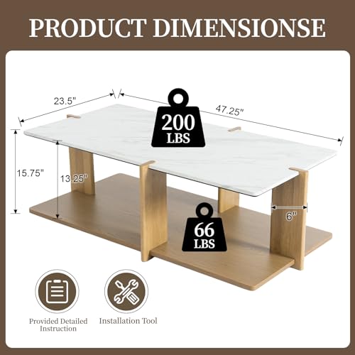 Image of HNY 50 inch Modern Open Frame Coffee Table with Storage & Marble Top, Solid Wood Construction, Hollow Visual Design for Living Room, Office, Hotel Lobby - Natural