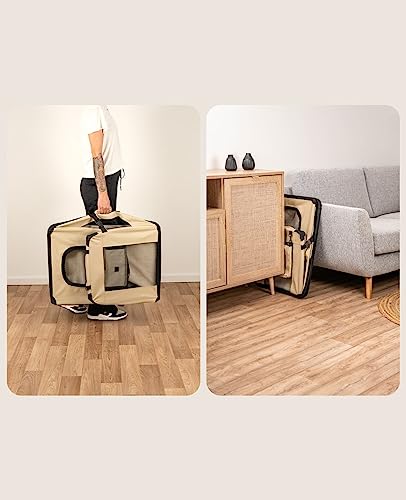 lionto Hundetransportbox faltbar für Reise & Auto, 90x61x65 cm, stabile Transportbox mit Tragegriffen & Decke für Katzen & Hunde bis 22 kg, robuste Hundebox aus Stoff für klein & groß, beige