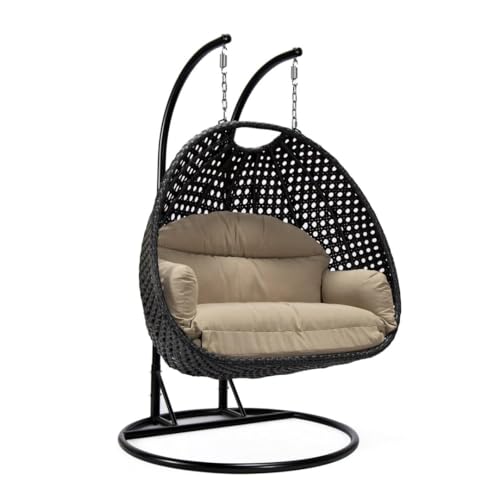 Image of Double Seater Hammock Swing Chair with Stand & Cushion | Heavy Duty Powder Coated Steel Frame | Outdoor Indoor Hanging Swing for Patio Balcony Garden Terrace Living Room (Black-Off.White)