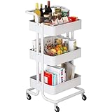 Storage Trolley Cart - 3 Tier Rolling Utility Organizer Rack, Craft Art Cart, Multi-Purpose Organizer Shelf, Tower Rack Serving Trolley for Office Bathroom Kitchen Kids’ Room Laundry Room, White