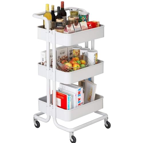 Storage Trolley Cart - 3 Tier Rolling Utility Organizer Rack, Craft Art Cart, Multi-Purpose Organizer Shelf, Tower Rack Serving Trolley for Office Bathroom Kitchen Kids’ Room Laundry Room, White