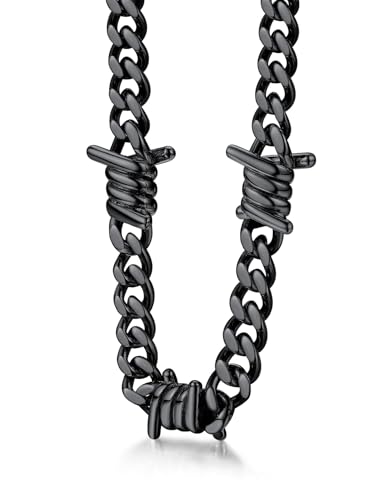 Cool Men Black Barbed Wire Necklace 7mm Thick Heavy Stainless Steel Chain Black Necklace for Men, Gothic Punk Men Cuban Link Chain Choker Necklace 16 Inch