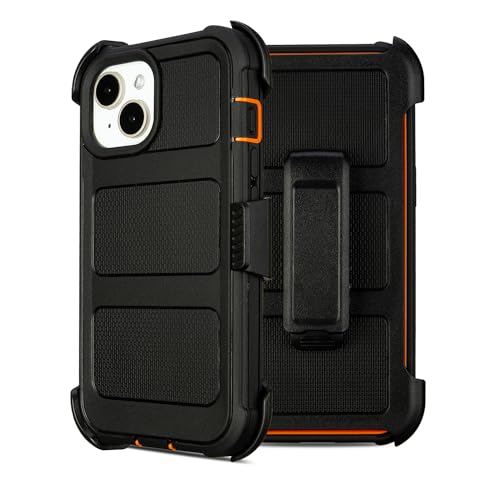for Defender Phone Case iPhone 13 Case with Belt Clip for Shockproof iPhone 13 Case Heavy Duty Rugged 2 Layers of Sturdy for iPhone13 Cases Military-Grade Cover for iPhone13Case Black & Orange