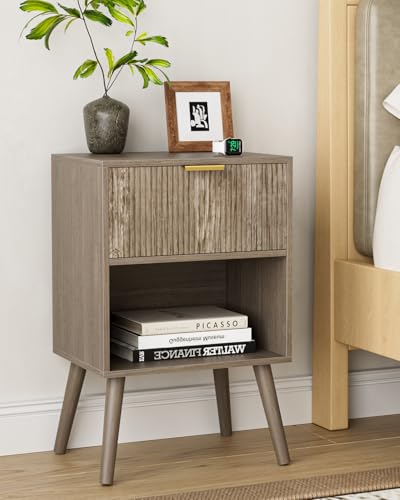 Apetaccat Nachttisch Holz, Beistelltisch mit Stauraum, Nachttische mit 1 Schubladen und offenes Fach, Nachtschrank für Schlafzimmer, Wohnzimmer, Grau