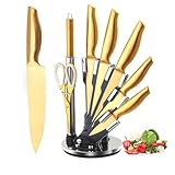 Gold Knife Set，8Pcs Golden Titanium Stainless Steel Dishwasher Safe Kitchen Knife Set with Acrylic Knife Holder, Non Stick Non Rust Knife Block Set