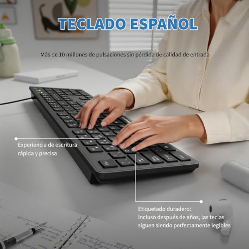 Image of Spanish Keyboard USB Wired - 105 Keys QWERTY ANSI Layout with N | Not fading characters,1.6m line Length Suitable for Computer Laptop PC,Full Size with Number Key,Plug and Play