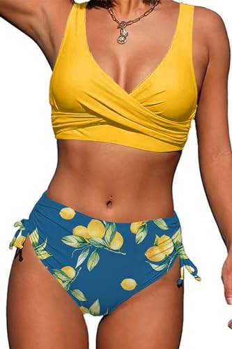 Image of CheChury Bikini Sets for Women UK High Waisted Swimsuits V Neck Padded Crop Top Two Pieces Cross Wrap Bathing Suits,Lemon-Yellow,M