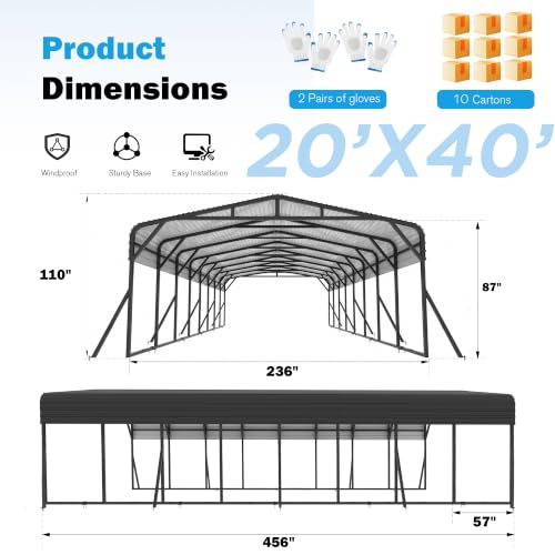Image of AirWire Carport Canopy 20'X40' Heavy Duty Car Port Galvanized Steel Roof, Reinforced Stable Triangle Frame for Snowy Windy Metal Carports Enhanced Base Car Tent for Car,RV,Pickup,Boat,Truck,Tractor