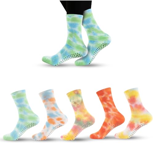 Women Yoga Socks 5 Pairs Pilates Non Slip Socks for Yoga, Gym, Athletic Grippy Camouflage Size US 5-9.5