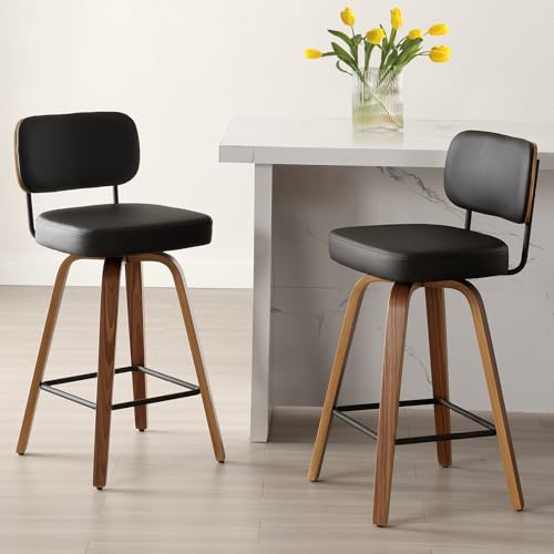 Bekrvio Lot de 2 tabourets de Bar pivotants 360° avec Dossier, Hauteur d'assise 65 cm, Cuir synthétique et Bois Massif, 4 Pieds, Cuisine et comptoir