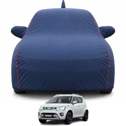 Image of Premium Car Cover for Maruti Suzuki Ignis 2020-2026 Models | 100% Waterproof, UV & Dust Protection | Mirror & Antenna Pocket | Triple Stitched, Soft Inner Lining, Belt & Buckle (Navy Blue)