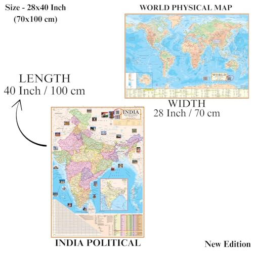 Image of Pack of 4 India Political, India Physical, World Political & World Physical Map in English, Size 28x40 inch (70x100 cm), 90 GSM Paper with Bright & Colorful Print, Includes QR Code for Digital Learning, Ideal for UPSC, IAS, IPS, Schools, Colleges, Students & Teachers.