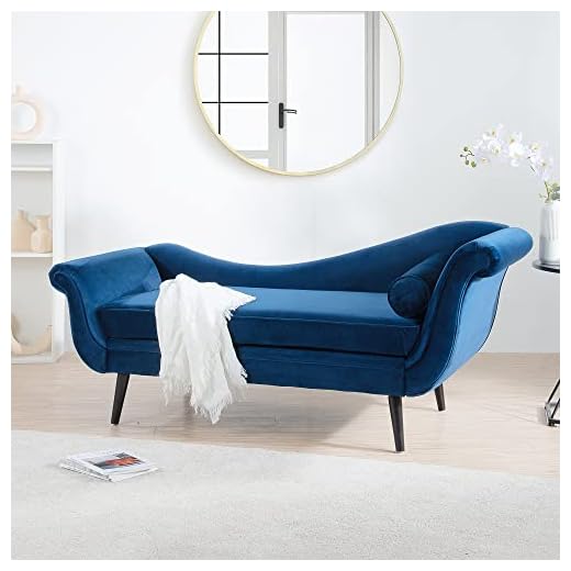 NEWTIK Tufted Upholstered Fabric Chaise Lounge, Indoor Chaise Lounge Armchair, Lounge Sofa with Recessed Backrest, Scroll Arm for Sleeping, Living Room, Bedroom Use (Blue)