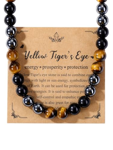 JSDDE Collier Perles en Pierres et Cristaux Naturelles pour Homme Femme Collier Triple Protection en Oeil de Tigre Obsidienne Hématite Pierres Précieuses...