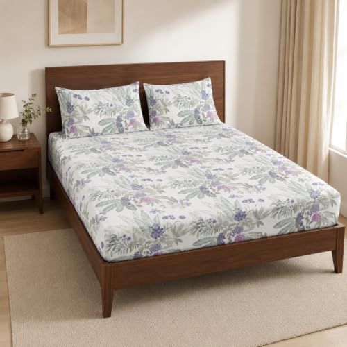 Image of la'amour 100% Cotton Elastic Fitted Bedsheets with 2 King Size Pillow Covers Double Bed with All Around Elastic Supersoft Size - 72 King Sizex78+10 inches Light Lavender 200 tc - 220 tc