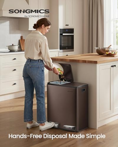 Image of SONGMICS Trash Can, Double Compartment Garbage Can, Stainless Steel | 2 X 8 Gallon (2 x 30 L) for Recycling, with 15 Liner Bags, Soft-Close Lids, Removable Buckets, Brown ULTB160MZ01