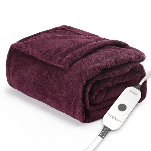 Sunbeam Electric Throw Royal Luxe Microplush Heated Blanket, 4 Heat Settings, 4-Hour Auto Shut-Off, Fast Heating, Warm and Cozy, Cabernet Red Color, 50