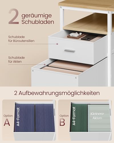 VASAGLE Computertisch, Bürotisch, Schreibtisch, mit 3 Ablagen, 2 Schubladen, 140 x 60 x 76 cm, fürs Büro, Wohnzimmer, moderner Stil, natureichenfarben-perlweiß LWD104Y01