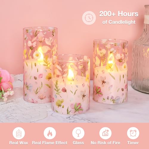Image of Pink Flameless Candles with Remote Timer, Glass Battery Operated Candles, Pink Flower Decals LED Candles for Home Party Wedding Mother's Day Thanksgiving Decor Set of 3
