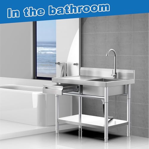 Image of 40 Inch Stainless Steel Utility Sink,Free Standing, Equipped With Hot and Cold Water Pipes, Workbench Drawers for Storage,Suitable for Kitchen, Bathroom, Farmhouse, and Outdoor Sinks.