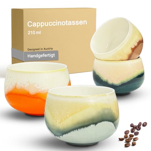 OndaCore Cappuccinotassen SET 4x210ml-Weiß Hochwertige Tassen aus Porzellan Handgefertigte bunte Kaffeetassen Keramik Teetassen ohne Henkel spülmaschinenfest Latte Macchiato Cappuccino