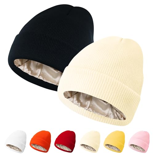 Image of PFFY Womens Satin Lined Beanie Silk Lining Winter Hats Beanies for Women
