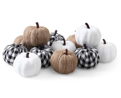 Sahoottie 12Pcs Mini Velvet Pumpkin Artificial Pumpkins Decorations for Home Fabric Pumpkins Black White Beige Pumpkin for Halloween Decoration Fall Autumn Decorations Thanksgiving Party Table Decor