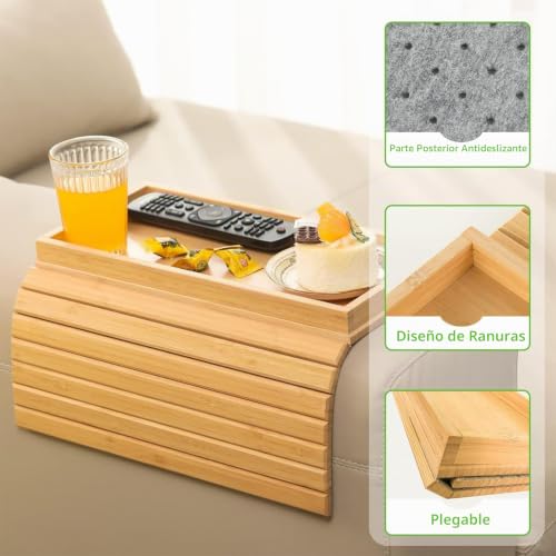 Bandeja de brazo para sofá plegable mesa de brazo de sofá de madera con posavasos 2 uds 4