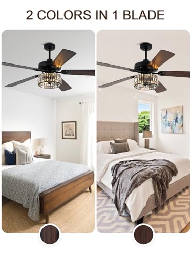 Image of 60 Inch Crystal Ceiling Fan with Lights Remote Large Chandelier Ceiling Fan Crystal Caged Fandelier, Indoor Outdoor 5 Dual Blades Reversible Quiet DC Motor 6 Speeds for Living Room Patio