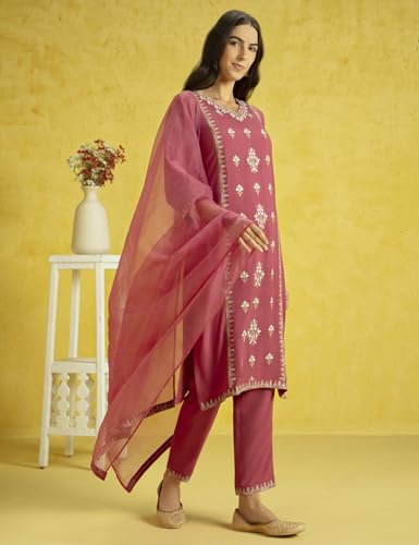Image of Kaari Women's Embroidered Kurta Set with Dupatta - Festive Kurta Set for Women Polyester