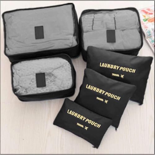 Image of Travel Organizer Pouch Set of 6, Space Saver Packing Cubes for Suitcase, Clothes, Underwear, Socks and Shoes (Black)