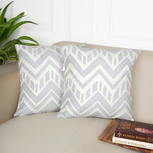 Image of STITCHNEST 'QuadraNest' Series Printed Quilted Velvet Cushion Cover 16x16 Inch Set of 2 | Premium Soft Fabric, Washable & Fade Resistant | Decorative Living Room Cushion Covers | Grey & Ivory Zigzag
